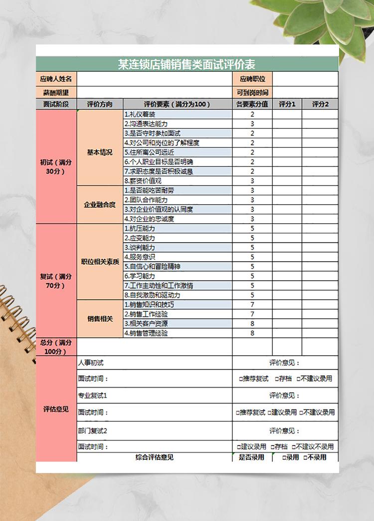 連鎖店鋪銷售類面試評價表