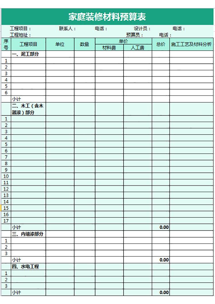 家庭裝修材料預算表-1