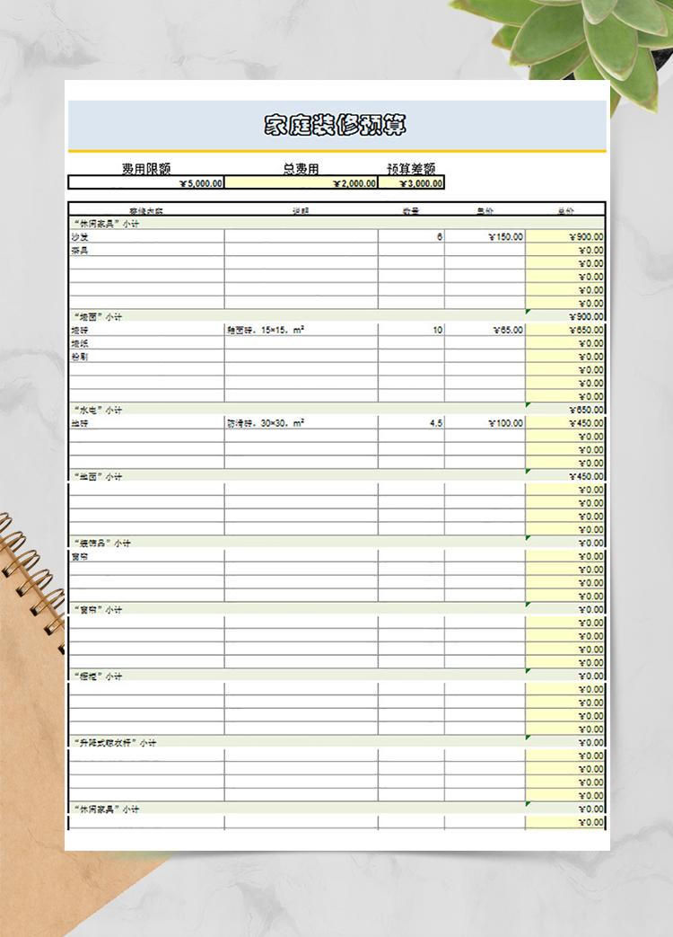 家庭裝修預(yù)算表