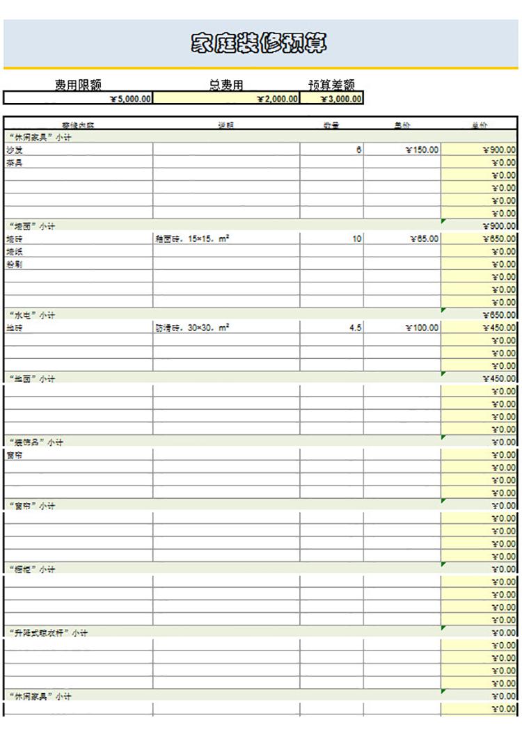 家庭裝修預(yù)算表-1