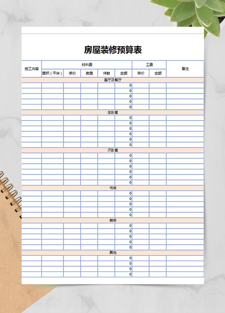 清新邊框房屋裝修預算表