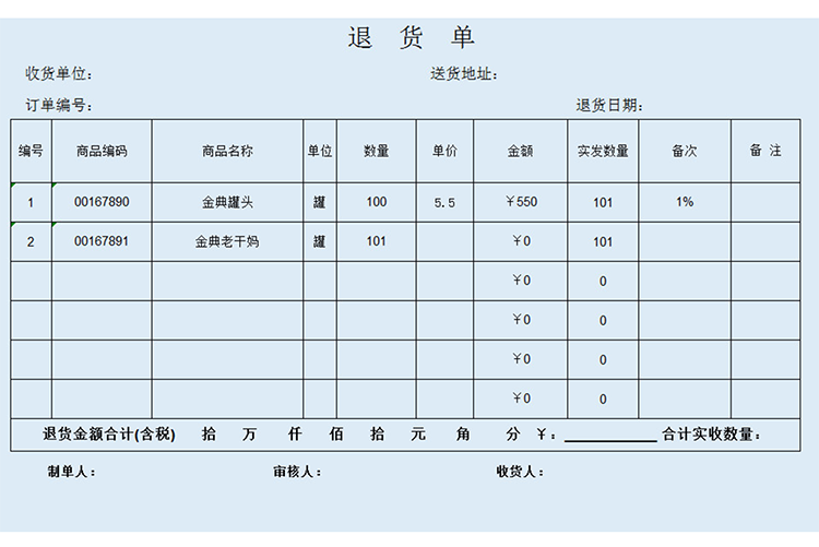 倉庫退貨單表格模板-1