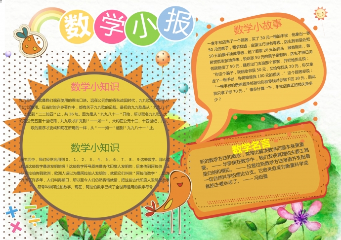 小清新太陽樹木元素數學手抄報