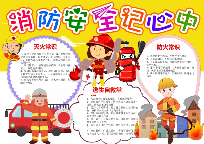 卡通可愛消防安全記心中藝術(shù)字體手抄報