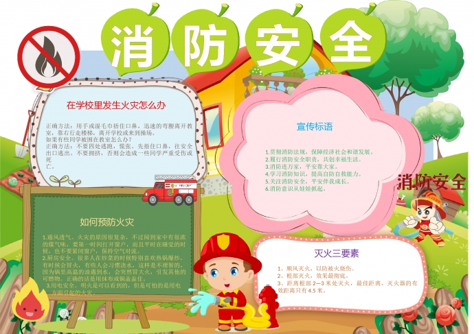 可愛卡通主題消防安全手抄報