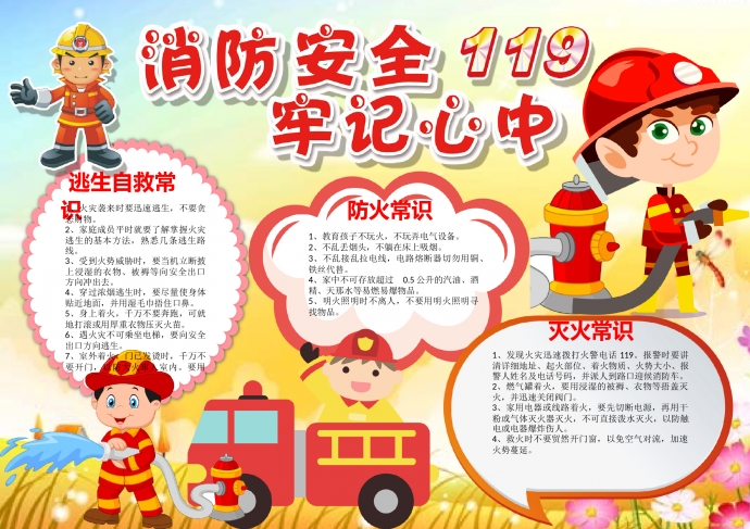 消防安全牢記心中卡通消防員手抄報