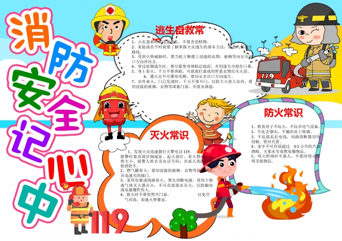 精美可愛(ài)卡通消防安全記心中宣傳小報(bào)