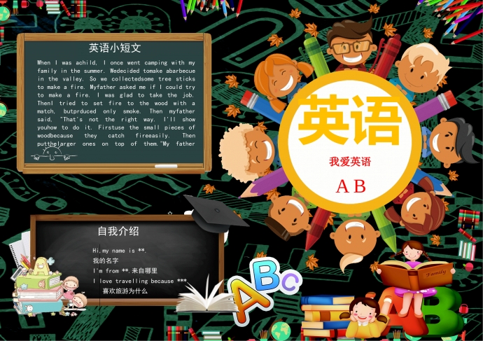 可愛卡通小朋友們聚在一起學(xué)英語手抄報