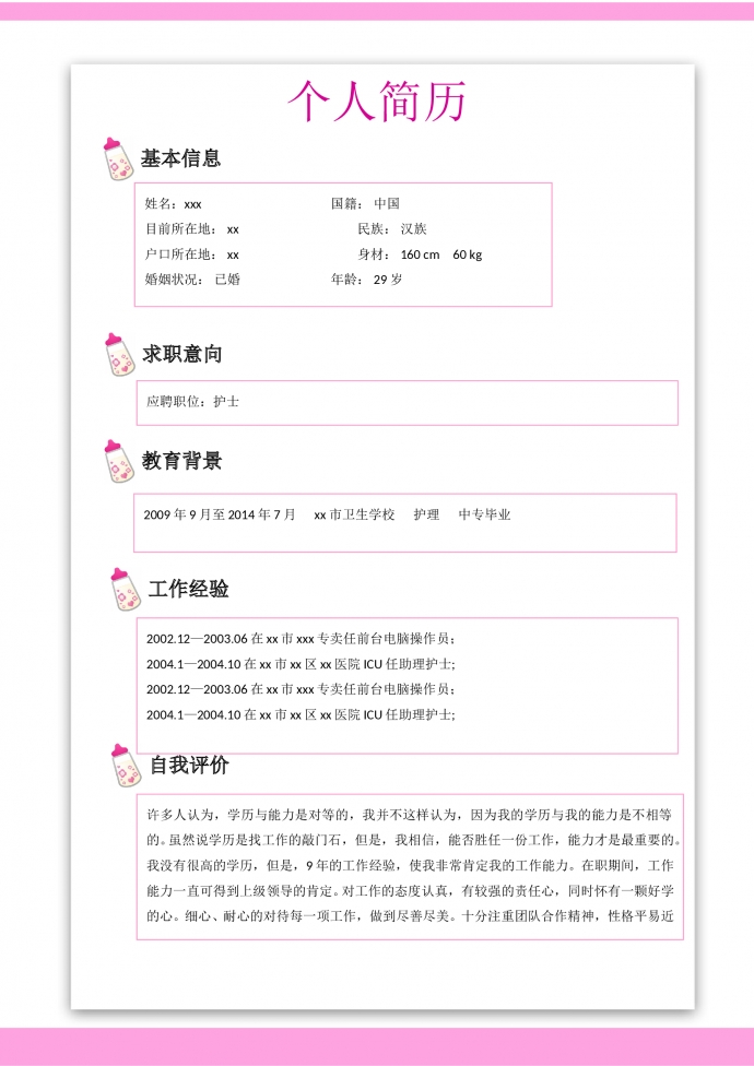 粉色帶封面ICU助理護(hù)士簡歷模板-1