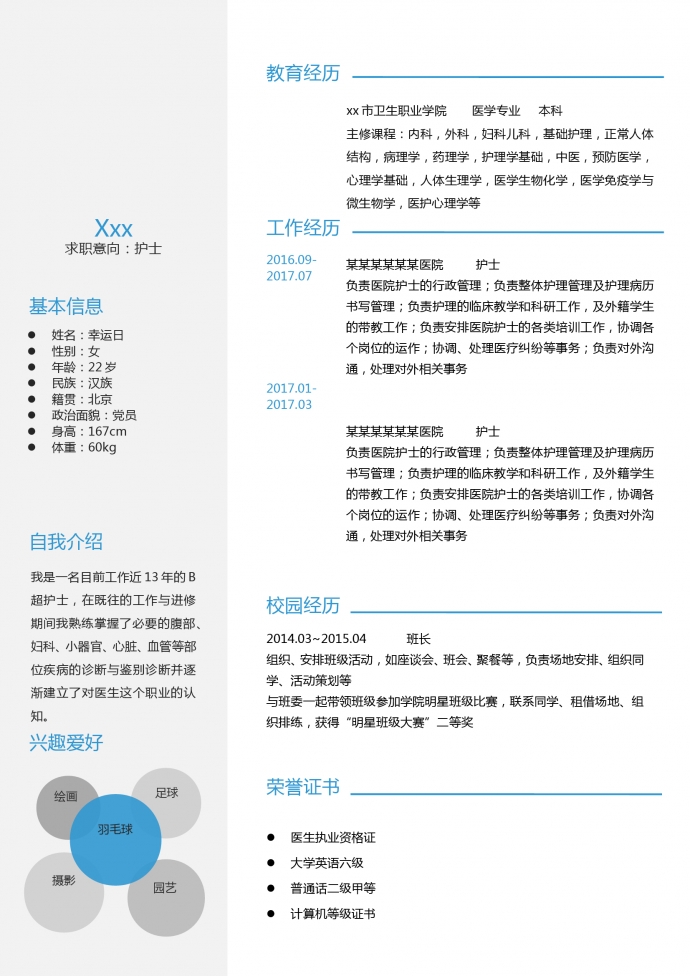 藍色時尚醫療封面科研護士簡歷模板-1