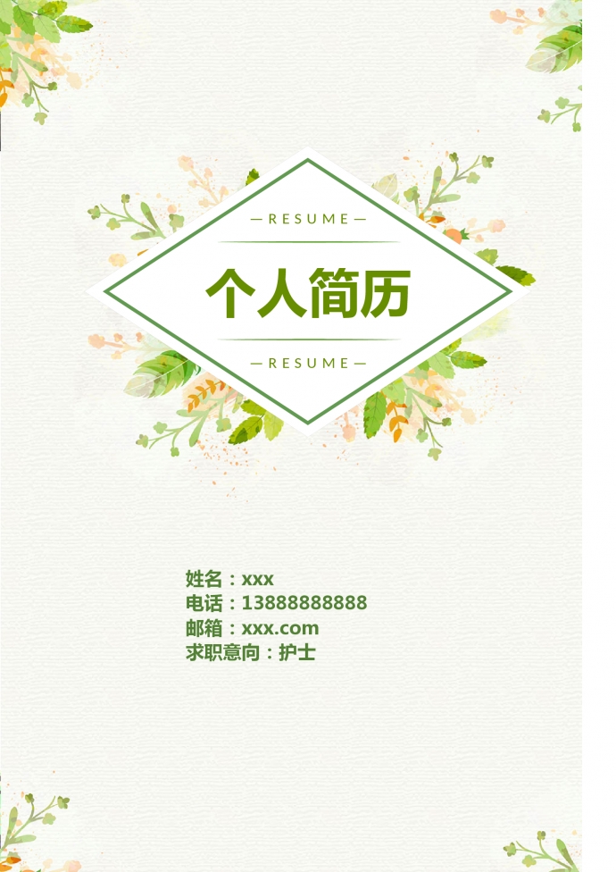 精美綠葉紋理護士護理簡歷模板