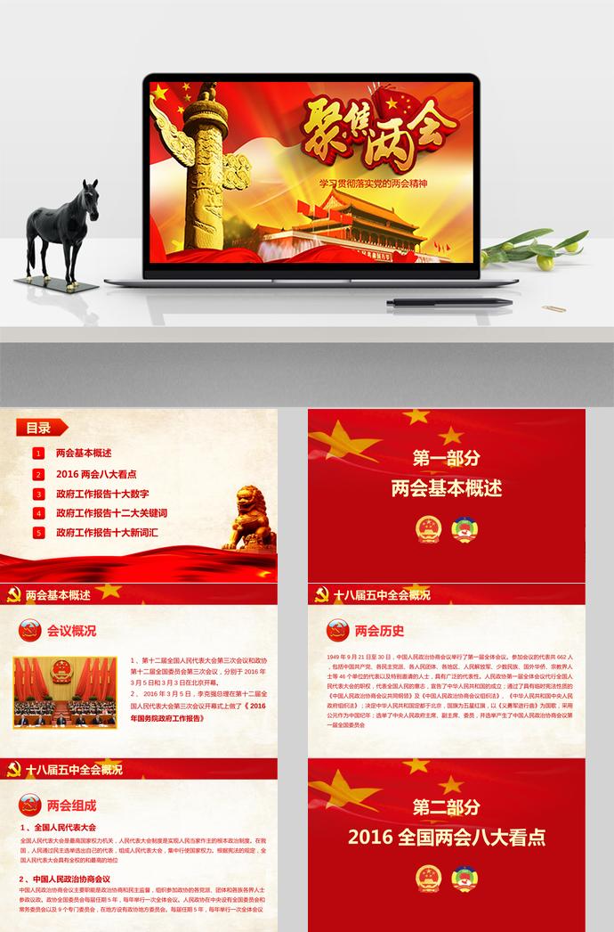 紅色大氣黨的兩會精神學習PPT模板