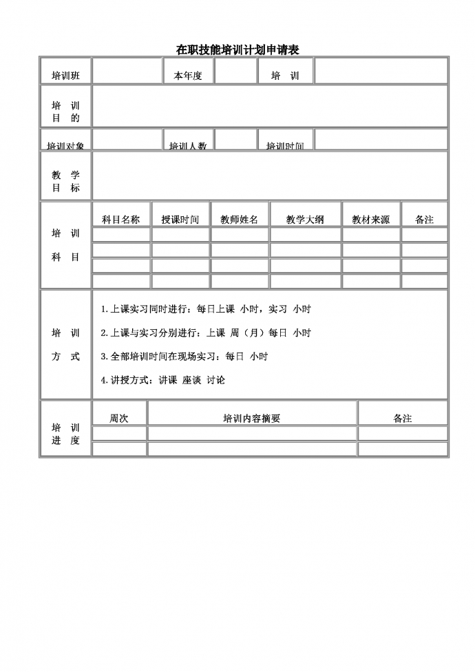 在職技能培訓計劃申請表