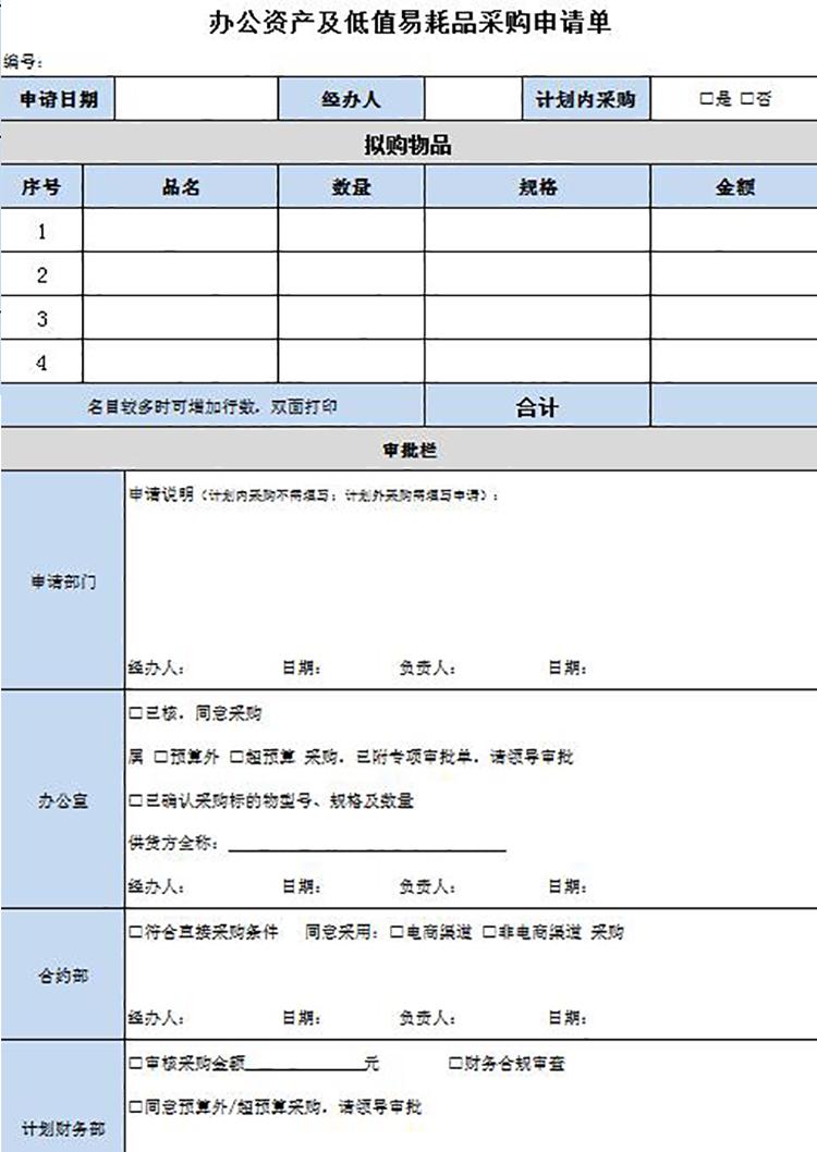 辦公資產(chǎn)及低值易耗品采購(gòu)申請(qǐng)單模板-1