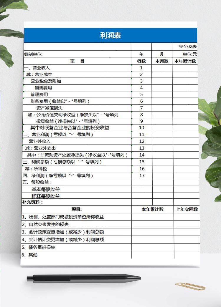 藍色風格企業利潤表模板