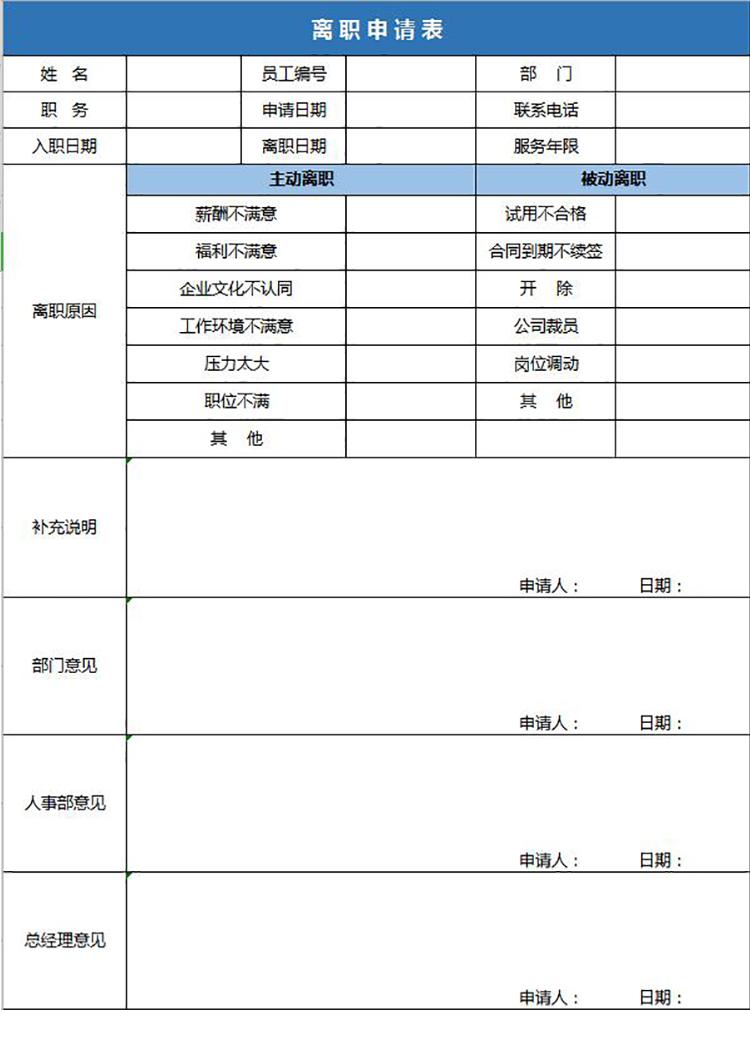 藍(lán)色實(shí)用員工離職申請(qǐng)表Excel模板-1