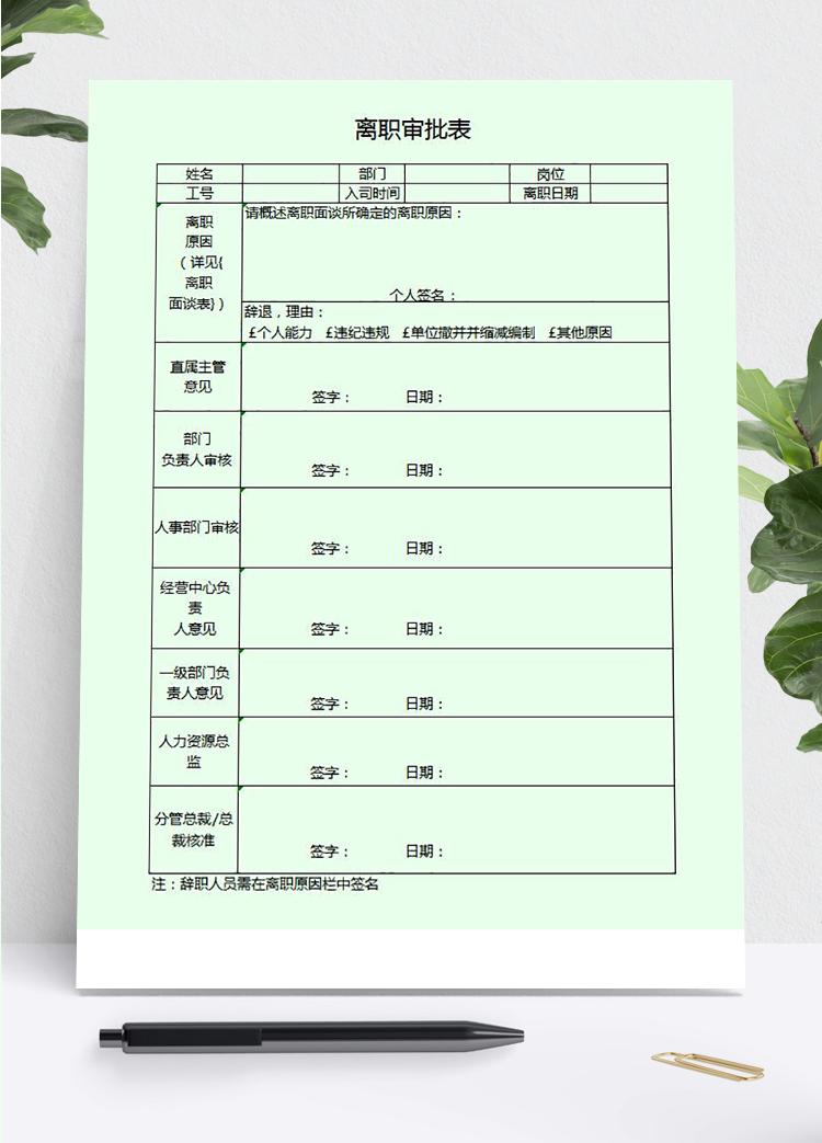 企業職員離職審批單管理模板excel