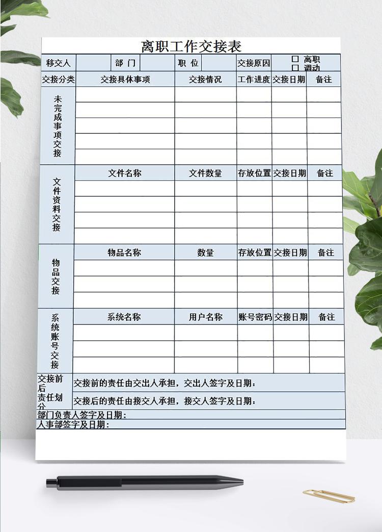 淺藍色離職工作交接表