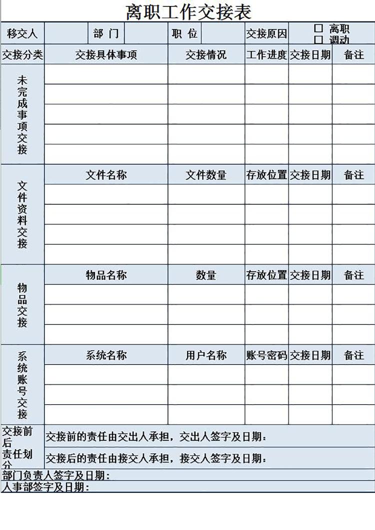 淺藍色離職工作交接表-1