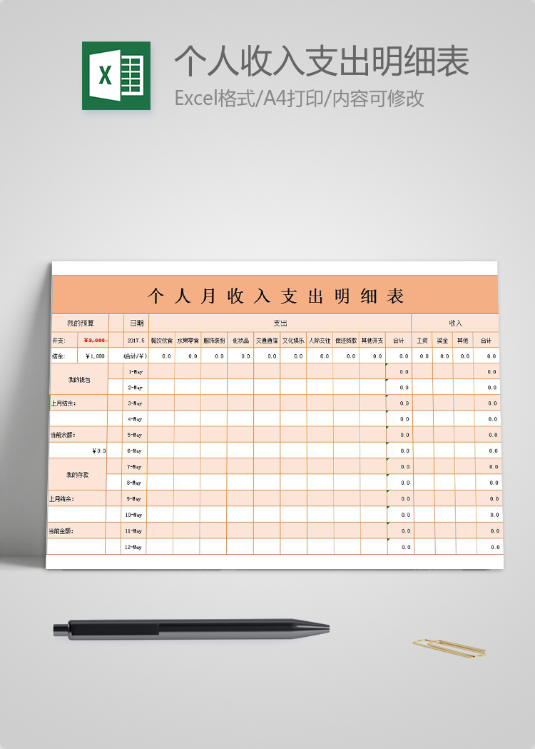 橘粉色系個人月收入支出明細表
