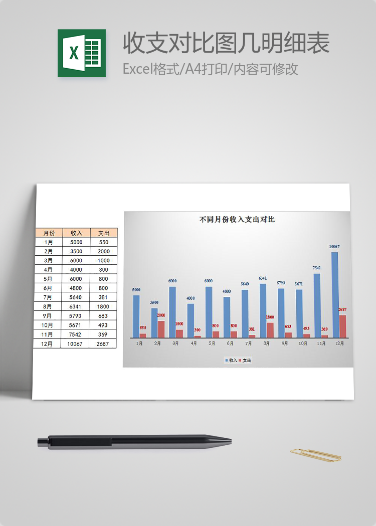 年度收支對比圖及明細表