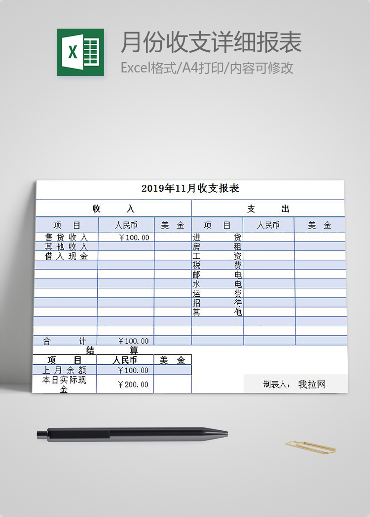淺藍系月份收支詳細報表