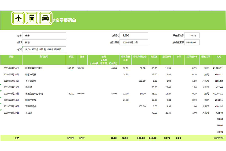 綠色差旅費報銷表Excel模板-1