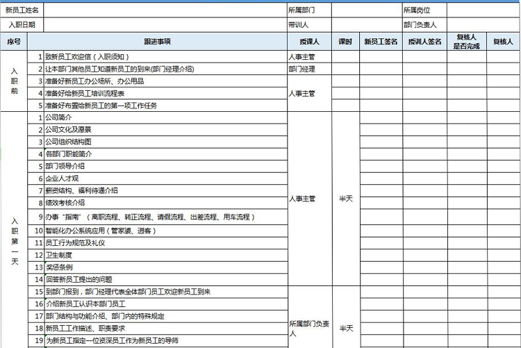 藍色新員工入職培訓跟進表Excel模板-1