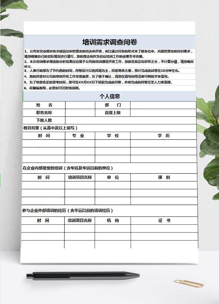 淺藍(lán)風(fēng)培訓(xùn)需求調(diào)查問(wèn)卷表Excel模板