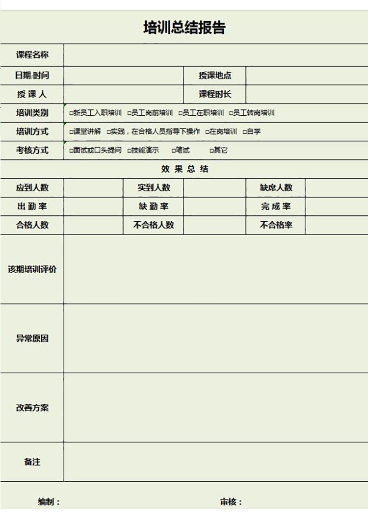 淺綠系培訓總結報告表Excel模板-1