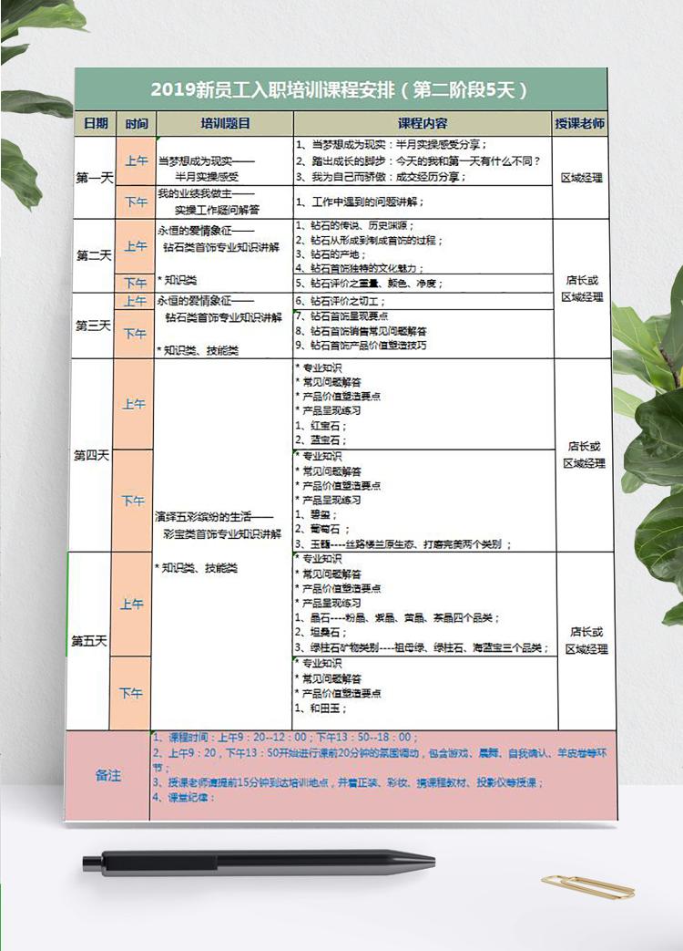 新員工入職培訓課程表excel模板