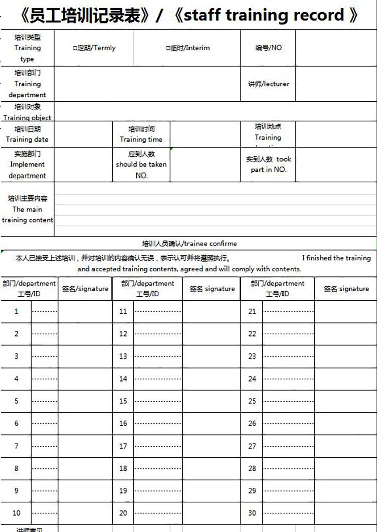 員工培訓(xùn)詳細(xì)記錄表Excel模板-1