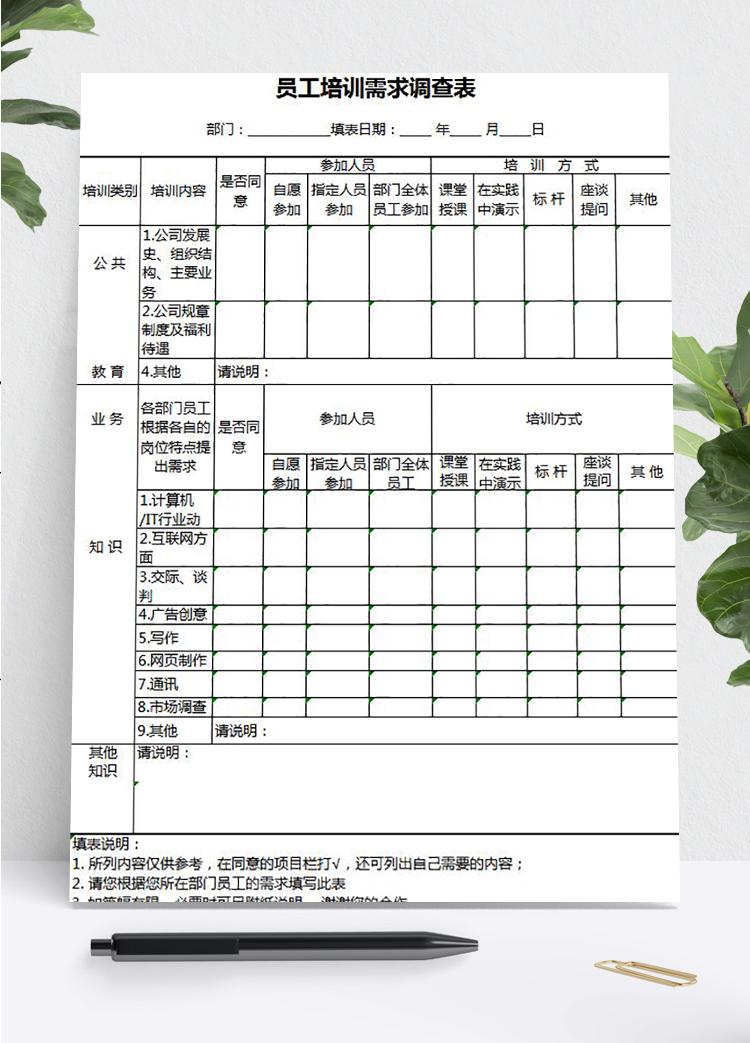 員工培訓需求調查表Excel模板
