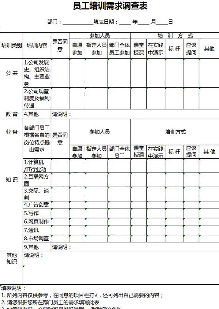 員工培訓需求調查表Excel模板-1