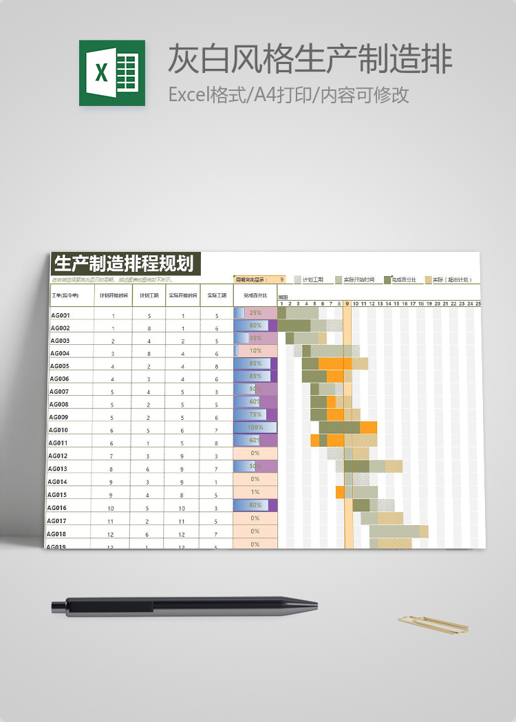 灰白風格生產(chǎn)制造排程規(guī)劃表甘特圖模板