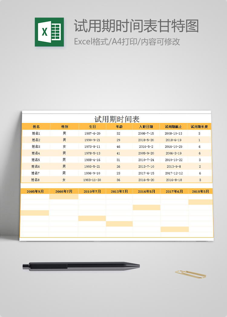金桔色風(fēng)試用期時間表甘特圖模板