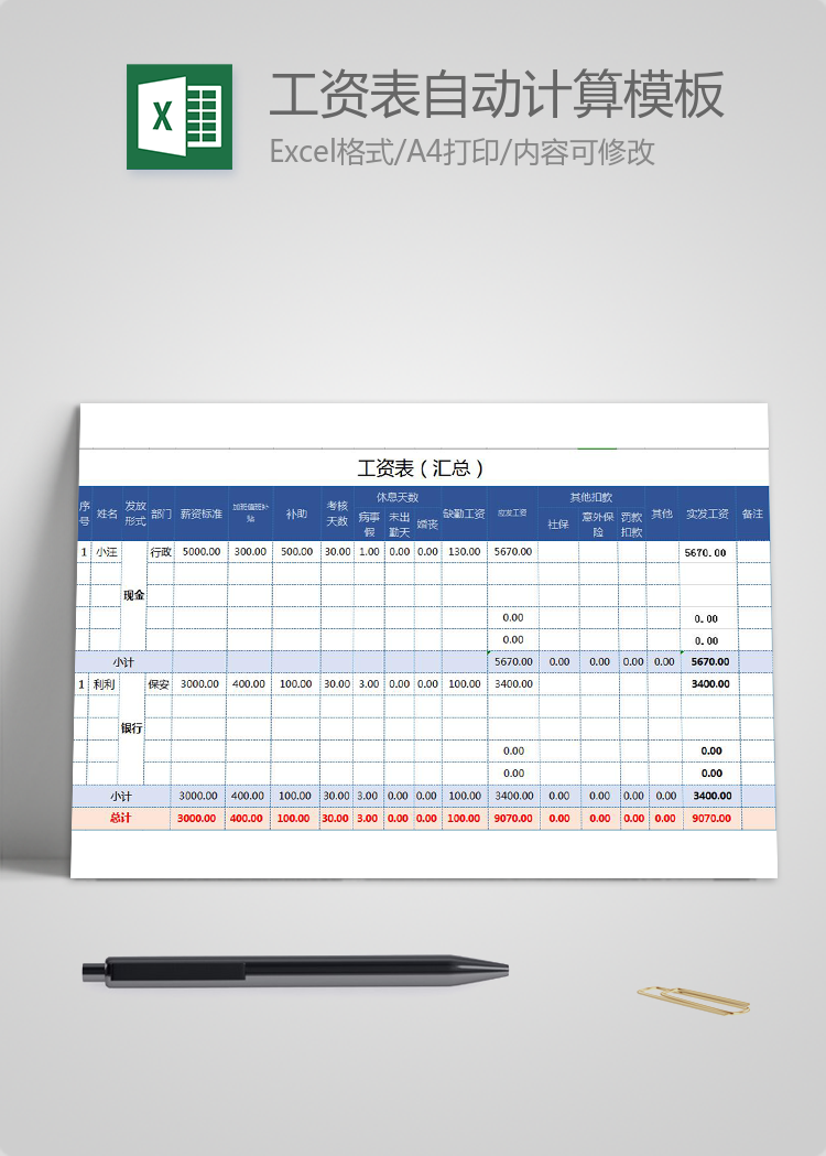 工資表自動計算Excel模板