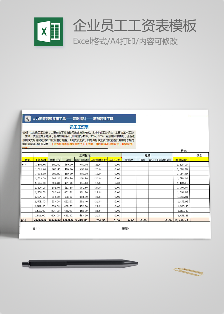 企業員工工資表模板
