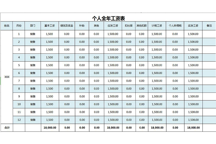 通用個人全年工資表模板-1