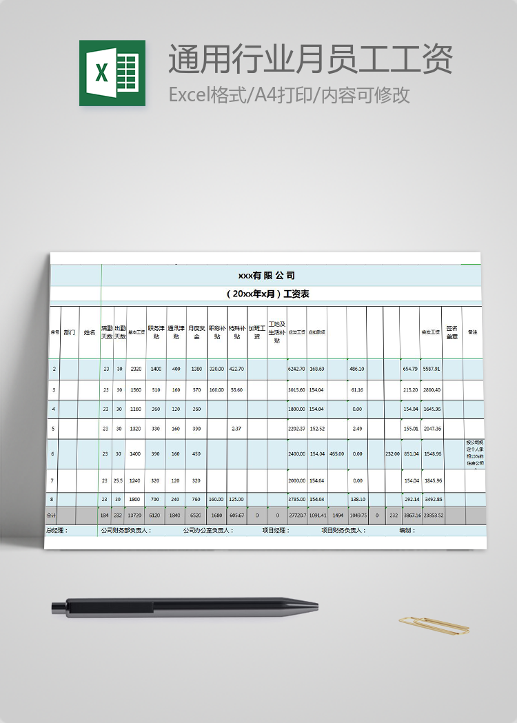 通用行業月員工工資表模板下載