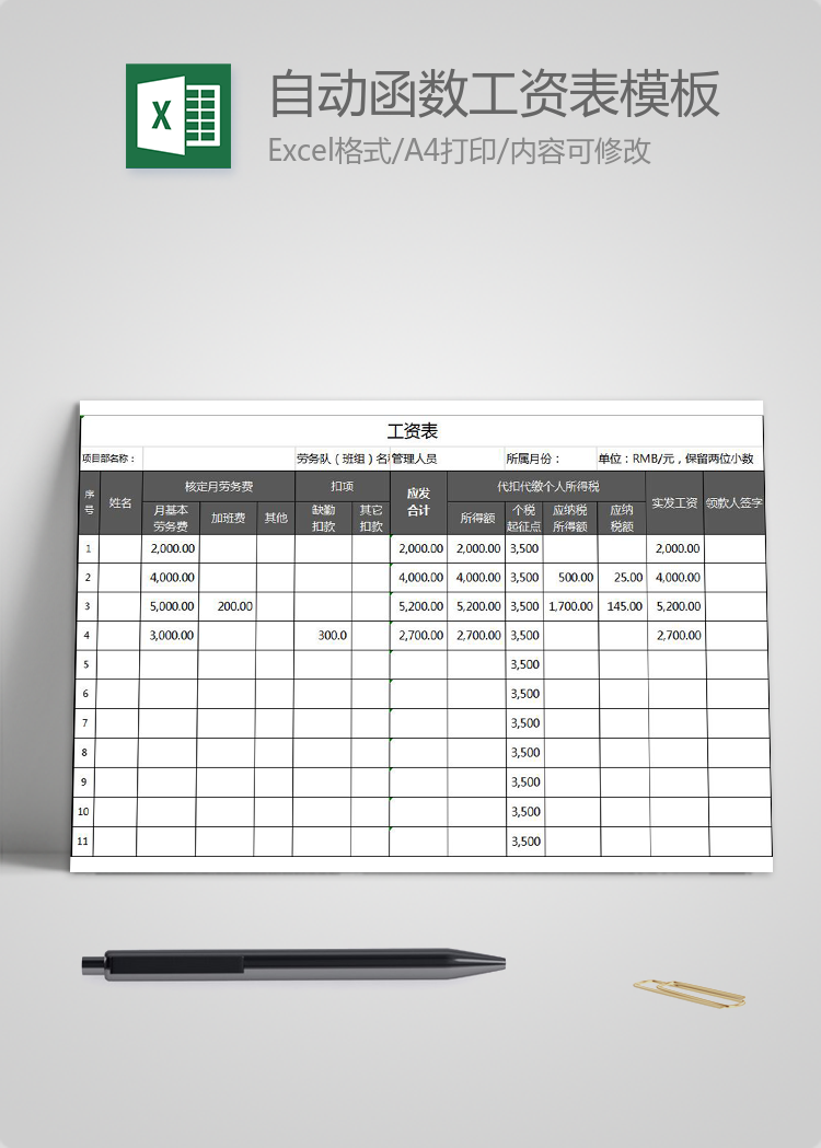 通用行業自動函數工資表模板