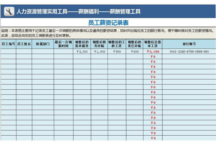 員工薪資記錄表excel模板-1