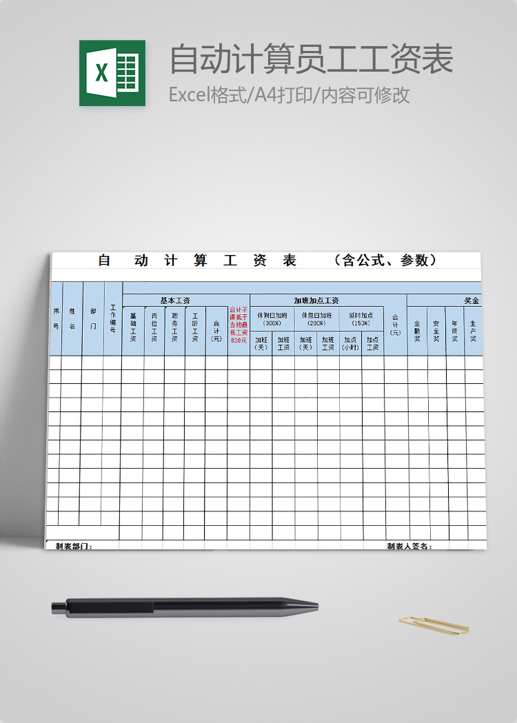 自動計算員工工資表模板