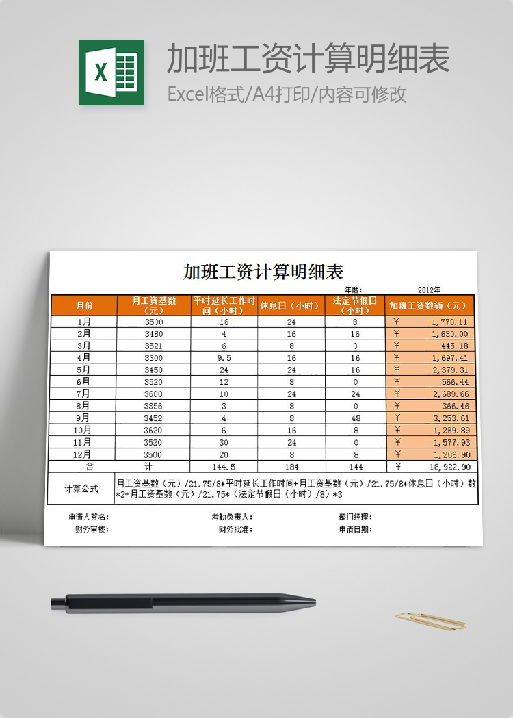加班工資計算明細表