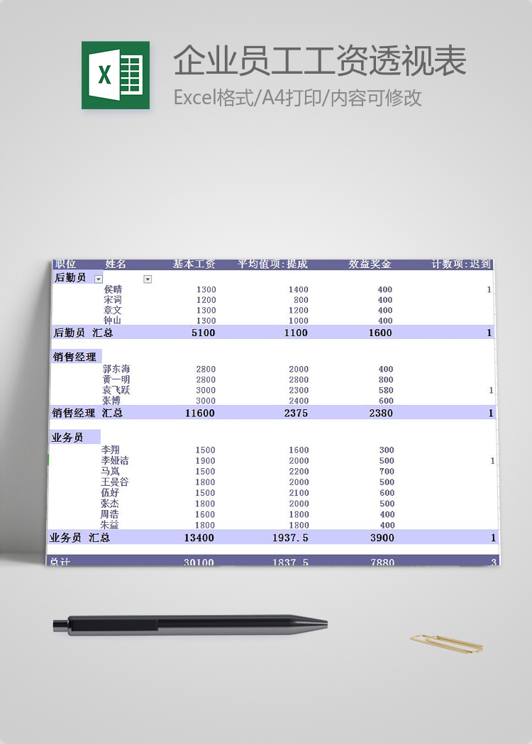 企業員工工資透視表模板