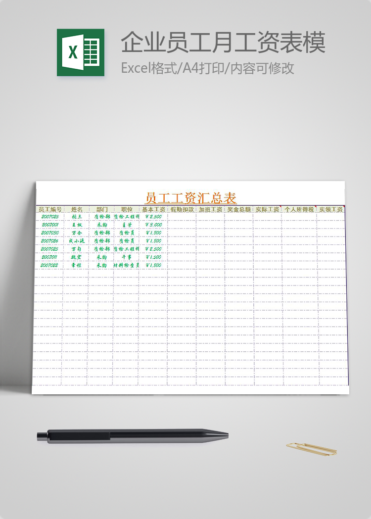 企業員工月工資表模板匯總