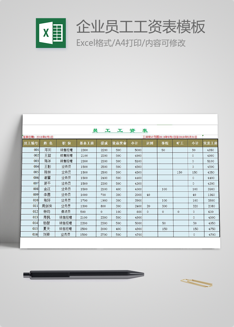 通用版企業員工工資表模板excel