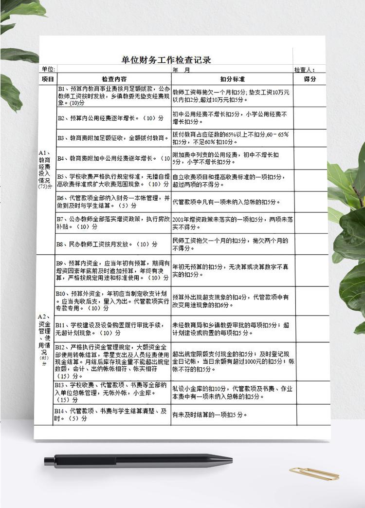 單位財務工作檢查記錄表模板