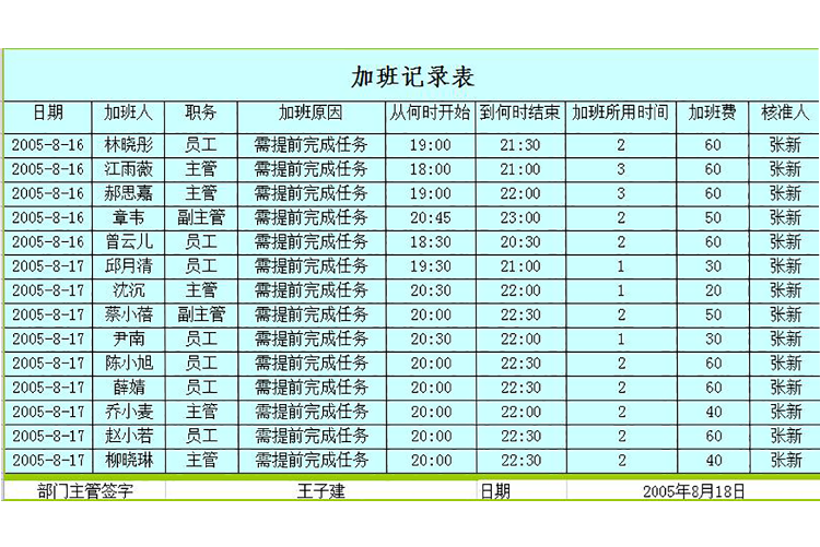 青綠系風格加班記錄表模板-1