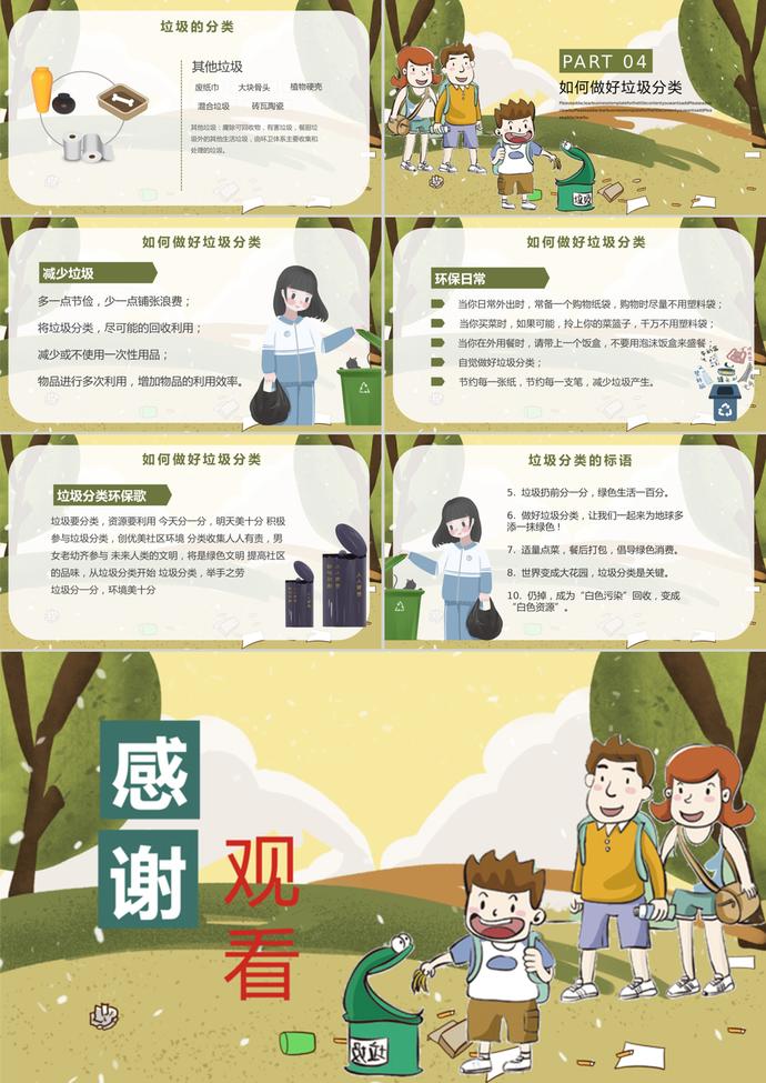 墨綠黃卡通風格垃圾分類愛護環境介紹PPT模板-2